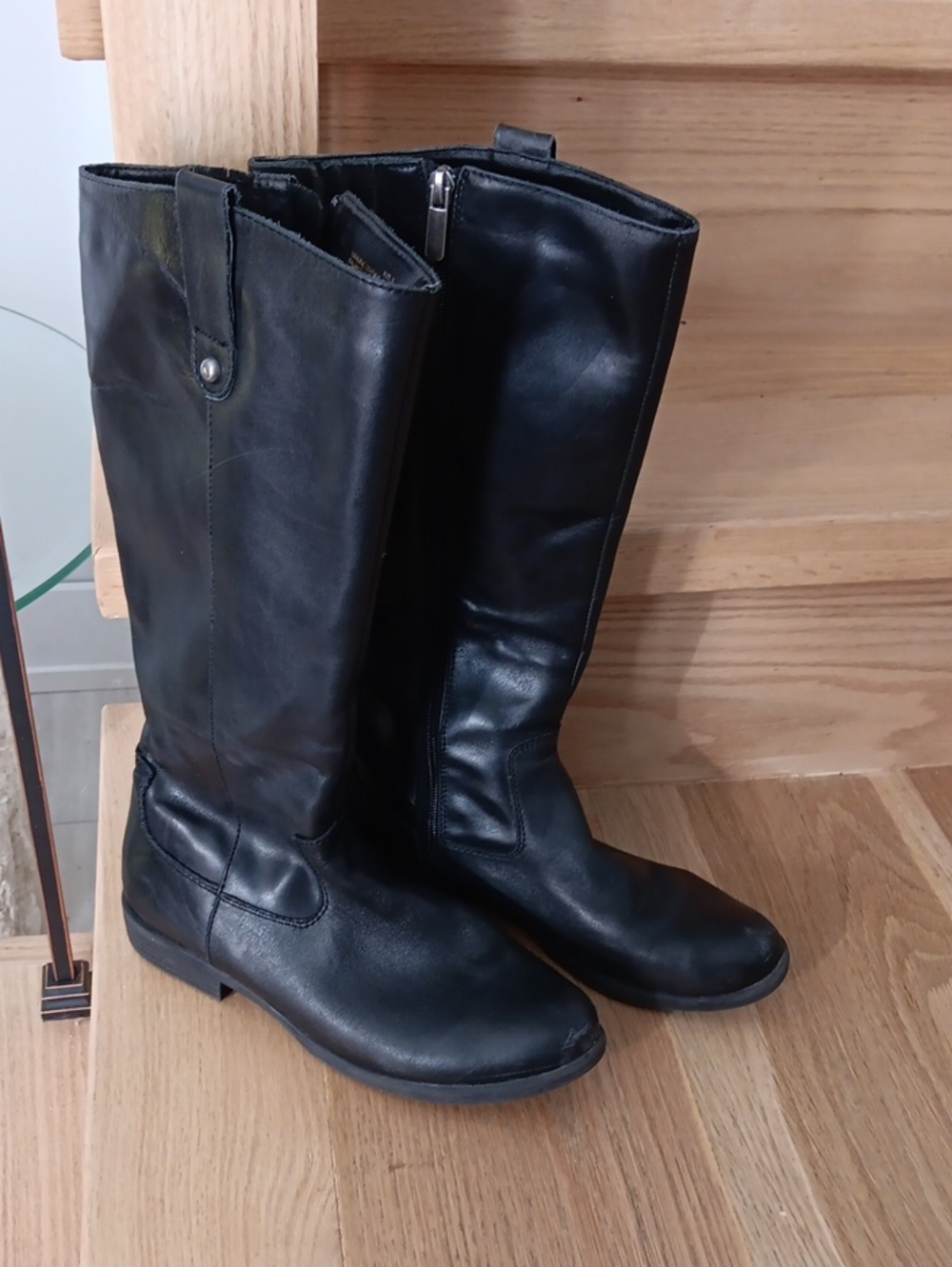 Boots Black Tall Leather Low Heeled Boots Size 9